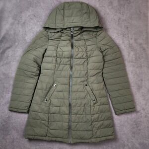 Nautica Long Puffer Coat Womens XS Green Quilted Removable Hood Water Resistant